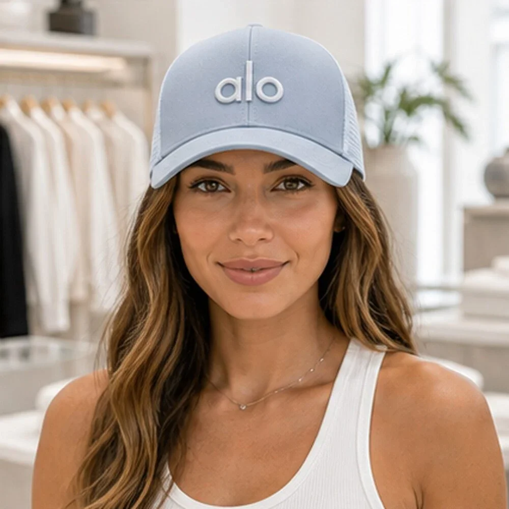 ALO Yoga Mist Blue Gray Athleisure Mesh Trucker Cap Hat Logo